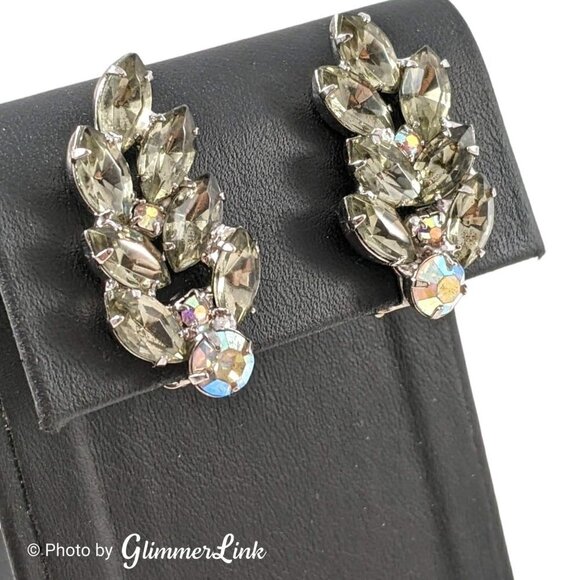 VTG Smoky Gray Navettes & AB Rhinestones Ear Climber Silver Tone Clip On Ear - Picture 2 of 9